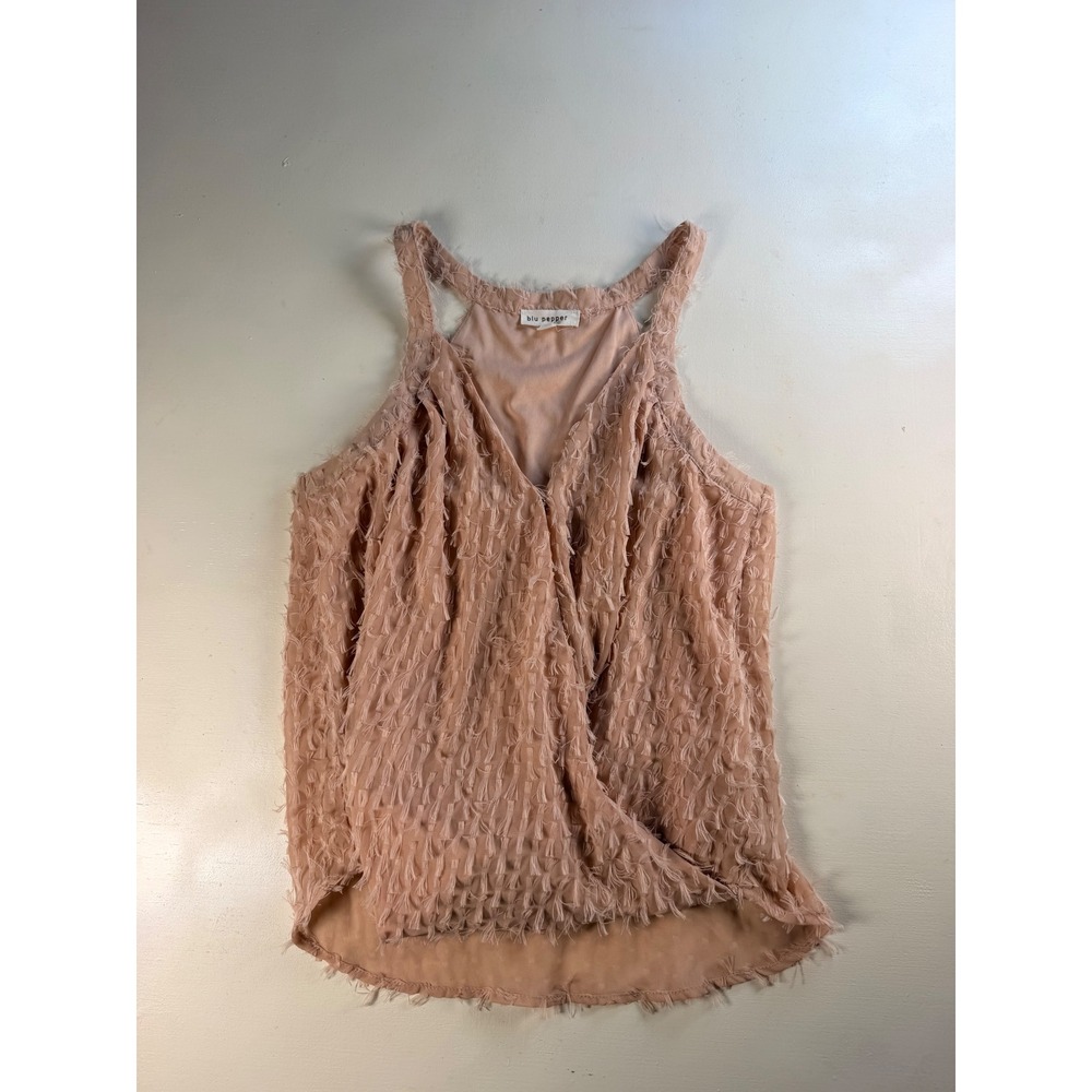Blu‎ Pepper Tank Top Women S Peach Excellent Eyelash Fringe Surplice V-Neck